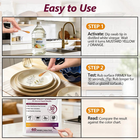 120-swab lead test kit by Amazon; kitchen scene with vinegar activation and color-chart readout