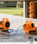 Dual operation of Quarter Horsepower 1100 CFM Air Mover Blower Fan with stackable units in a garage setting, orange