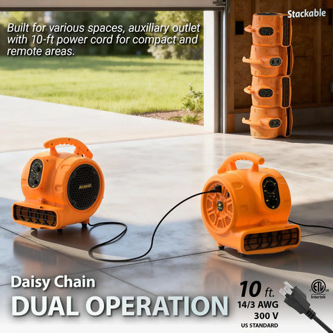 Dual operation of Quarter Horsepower 1100 CFM Air Mover Blower Fan with stackable units in a garage setting, orange
