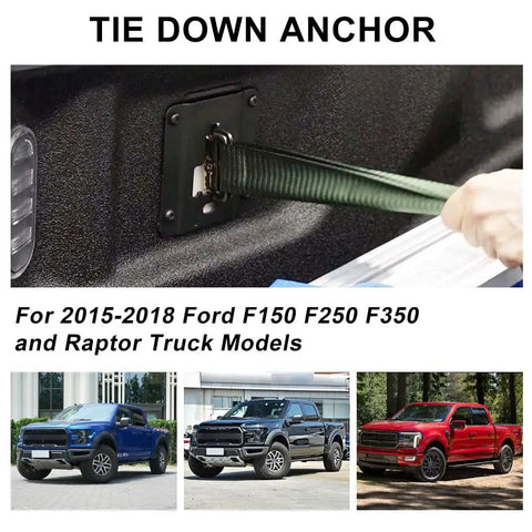 Heavy Duty Truck Bed Tie Down Anchors 4 Pack Cargo Brackets Compatible With Ford F150 And Super Duty Fits F250 F350 F450 F550 Quick Bolt On Setup Premium Steel Bed Cleats Keep Your Haul Locked Tight, showing tie down anchor installed.