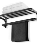 Matte Black 20 Inch Towel Rack With Shelf And Dual Towel Bars Dope Space Saving Bathroom Organizer With Foldable 90 Degree Design And Three Layer Matte Finish For Modern Home Bath displaying folded towels and towel bar.