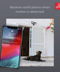 Smart WiFi Security Light With Camera, 24W LED, 1600 Lumens, Motion Sensor, iPhone showing motion notification, dog