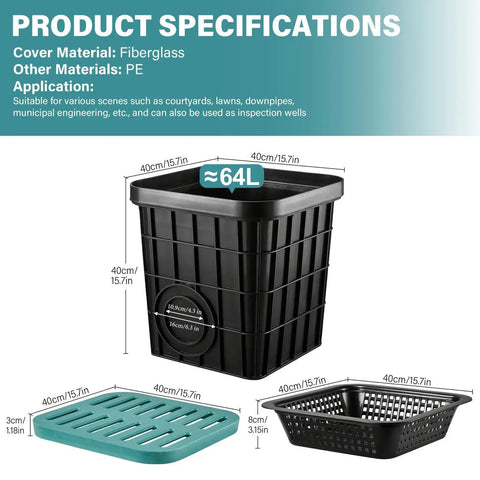 Heavy Duty Drain Catch Basin Kit With Fiberglass Grate And Debris Basket For French Drain Projects No Pre Drilled Holes 15.7 Inch Square For Patios Downspouts Lawns And Municipal Plumbing shown with components including grate and basket.