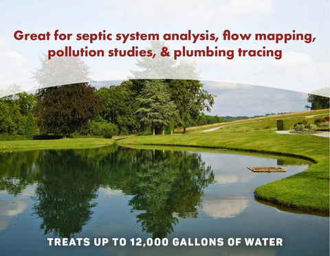 Concentrated Red Tracer Dye banner over a park pond scene with red text about leak tracing.
