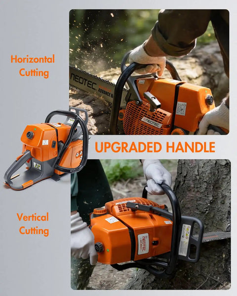 92cc Gas Powered Chainsaw With 36 Inch Bar And Chain showing upgraded handle for horizontal and vertical cutting