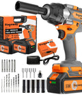 Bingoway 1/2 Inch Brushless Cordless Impact Wrench 900Nm High Torque 21V Electric Power Tool Kit with two batteries and accessories.