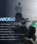 NK300 Electric Kayak Motor With 3HP Boost, 36V Brushless Direct Drive mounted on kayak with specs overlay