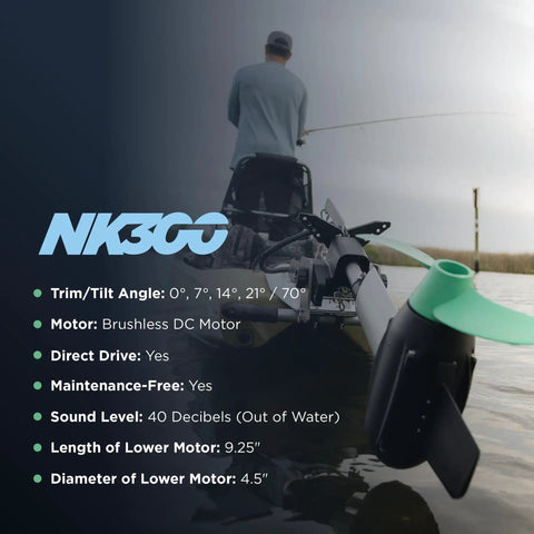 NK300 Electric Kayak Motor With 3HP Boost, 36V Brushless Direct Drive mounted on kayak with specs overlay