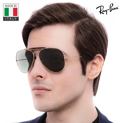 Man wearing Pilot Shape Non-Polarized Sunglasses With G-15 Green Lens For Men And Women, gold frame, side view.