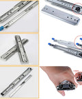 Multiple views of Beefy Heavy Duty Drawer Slides With Lock, 3 Fold Full Extension Ball Bearing Rails, stainless steel, 220kg load