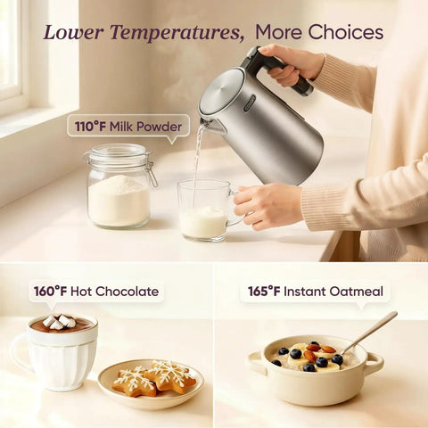 Fast Boiling 1.7L Electric Kettle With Plastic Free Interior And 5 Presets For Tea And Coffee pouring water into a glass.