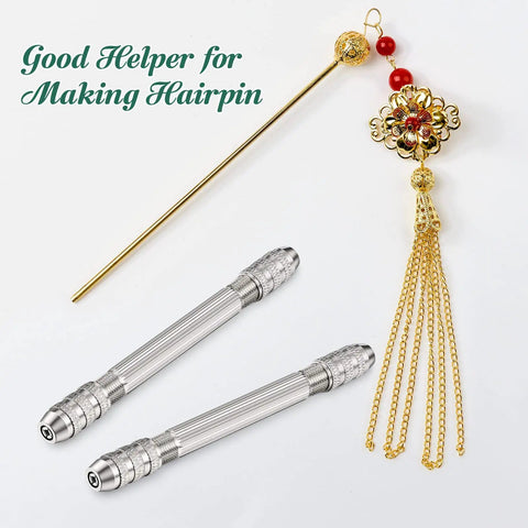 Kick Up Your Craft Game With These Double End Pin Vises And Copper Collets Compact Hand Drill Wire Twisting Tool Definitely Dope For Resin Projects DIY Earrings Hairpins showing two double end pin vises and a decorative hairpin.