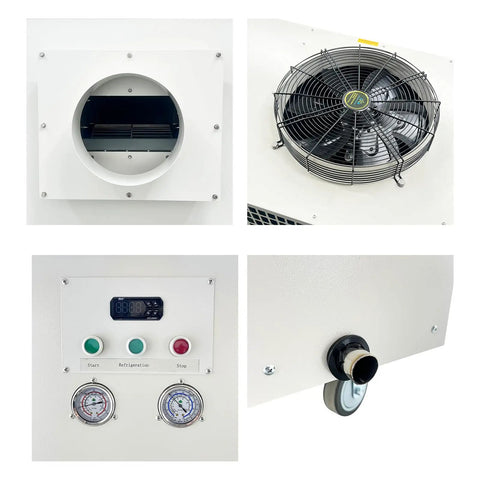 Heavy Duty Portable Air Conditioner With Rollin Wheels And Hella Cooling Power For Commercial Shops And Outdoor Hangouts Runs On 220V Three Phase Voltage features fan, gauges, and control panel.