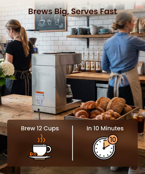 12 Cup Commercial Pour Over Coffee Maker With Industrial Stainless Steel Design, Dual Warmers, in a cafe setting, no carafe