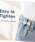 Eight Piece Pearl Waist Tightener Pins With Secure Locking Buckle System Fixes Loose Jeans And Skirts Instantly No Sew Hidden Dress Clips for easy tightening of jeans.