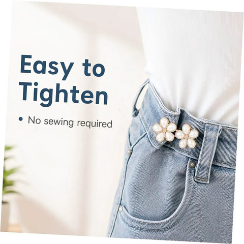 Eight Piece Pearl Waist Tightener Pins With Secure Locking Buckle System Fixes Loose Jeans And Skirts Instantly No Sew Hidden Dress Clips for easy tightening of jeans.