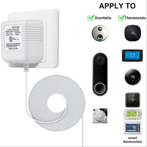 24 Volt C Wire Adapter For Smart Thermostats, UL Listed Power Connector, 16 And A Half Foot Cable displayed with devices