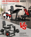 All-In-One Leg Extension And Curl Machine With 700 Lbs Capacity For Home Gym, highlighting dial-operated angle adjustment, red and black model.