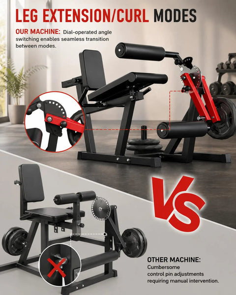 All-In-One Leg Extension And Curl Machine With 700 Lbs Capacity For Home Gym, highlighting dial-operated angle adjustment, red and black model.
