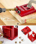 Top Shelf Pocket Hole Jig Kit For Woodworking Rugged Aluminum Guide with precision drill bits and adjustable stop collars, angled use.