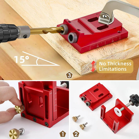 Top Shelf Pocket Hole Jig Kit For Woodworking Rugged Aluminum Guide with precision drill bits and adjustable stop collars, angled use.