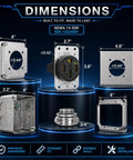 Nema 14 50 Ev Outlet With Surface And Flush Mount Box Kit, dimensions of the 50 Amp receptacle displayed with measurements.