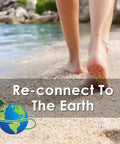 Person walking on sandy beach with text 'Re-connect To The Earth' and globe icon, related to Grounding Bed Mat For Sleep Boost And Pain Relief Full Size.