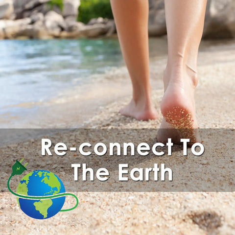 Person walking on sandy beach with text 'Re-connect To The Earth' and globe icon, related to Grounding Bed Mat For Sleep Boost And Pain Relief Full Size.