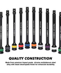 Half-Inch Drive 8 Inch Color-Coded Torque Extension Bar Set, 10-Piece, 65 To 150 Ft-Lbs, 90 To 200 Nm, Heavy-Duty Chrome Molybdenum Steel