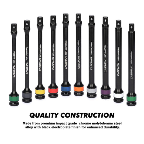 Half-Inch Drive 8 Inch Color-Coded Torque Extension Bar Set, 10-Piece, 65 To 150 Ft-Lbs, 90 To 200 Nm, Heavy-Duty Chrome Molybdenum Steel