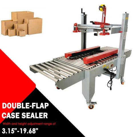 Full Automatic Double Flap Case Sealer Tape Machine For Folding Cartons with adjustable height and width from 3.15 to 19.68 inches.