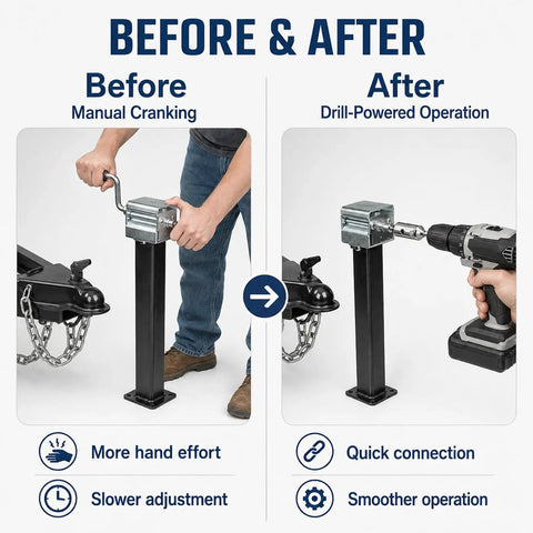 Before and after comparison of Heavy Duty Stainless Steel Trailer Jack Drill Adapter, showcasing manual cranking vs drill-powered operation.