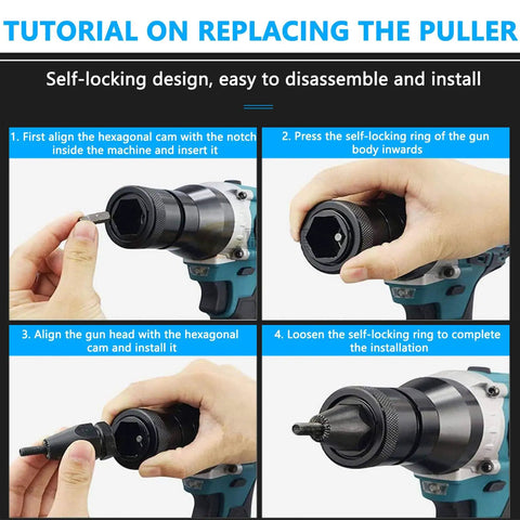 26V Cordless Rivet Tool with 5200mAh Battery Automatic Electric Rivet Gun for Stainless Steel Aluminum and Steel Rivets Fits M3 To M12 No Wire Needed Easy One Hand Setup and Fast Nut Rivet Installation for DIYers and Pros, attachment setup