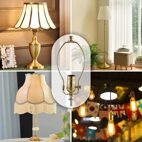Various lamp designs including table and floor styles with gold socket hardware in a bright room setting. Top Shelf Lamp Making Kit Featuring Extra Long Twelve Foot Cord And Slick Gold Socket Hardware Built For Zero Mess Table Or Floor Lamp Fixes And Hands On Creative Lighting Upgrades.