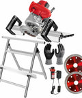 Heavy Duty Electric Tile Bevel Cutter With 43 Degree Chamfer Angle Rock Solid Aluminum Base Powerful 1200W Motor Wet Dust Free Cutting Setup Two Diamond Blades And Water Pump For Ceramic Porcelain Tiles with accessories and stand.