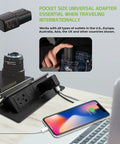 Dual Universal USB Travel Power Adapter With Dual USB Ports For Worldwide Use In 150 Plus Countries Includes US UK EU CN AU NZ Travel Ready For Your Phone Tablet And Other USB Chargers black compact adapter charging a phone on a desk