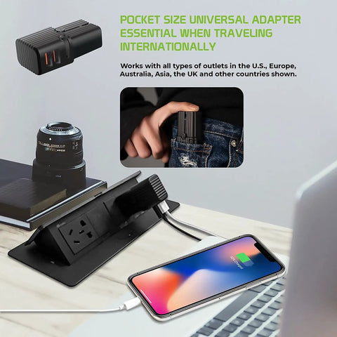 Dual Universal USB Travel Power Adapter With Dual USB Ports For Worldwide Use In 150 Plus Countries Includes US UK EU CN AU NZ Travel Ready For Your Phone Tablet And Other USB Chargers black compact adapter charging a phone on a desk