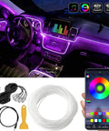 Dashboard with Colorful RGB Car Interior LED Strip Light Kit With 16 Million Colors, fiber optic cables, and Bluetooth app control.