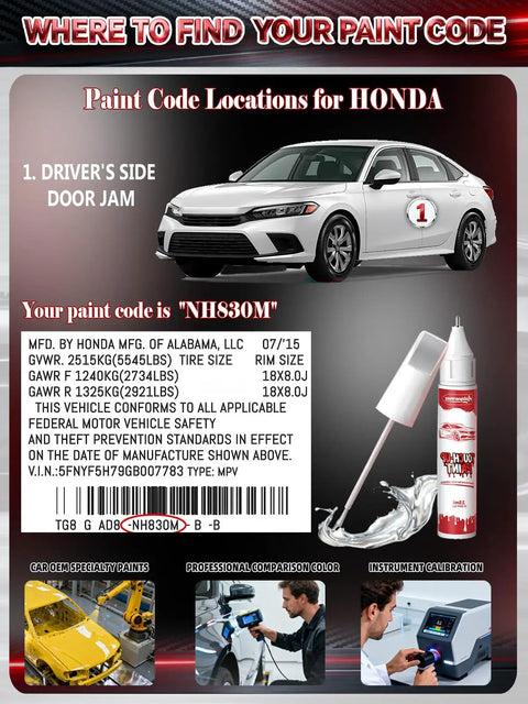 Diagram showing where to find paint codes on a Honda car with Platinum White Pearl Honda Touch Up Paint Kit Two In One Scratch Repair Pen For Real Color Match On Chips Nicks And Scuffs For Honda Vehicles Professional Scratch Remover.