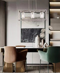 Three Light Modern Pendant Chandelier With Glass Shades In Brushed Nickel For Dining Room Living Room Kitchen Island Farmhouse Style Hanging Light Fixture above dining table