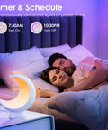 Smart Moon Table Lamp With Touch Control And Bluetooth App Control next to couple sleeping, showcasing timer schedule feature.