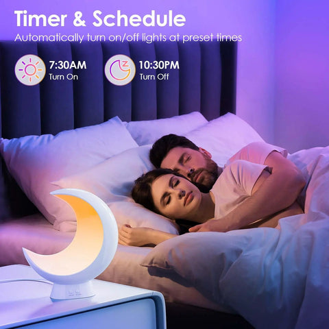 Smart Moon Table Lamp With Touch Control And Bluetooth App Control next to couple sleeping, showcasing timer schedule feature.