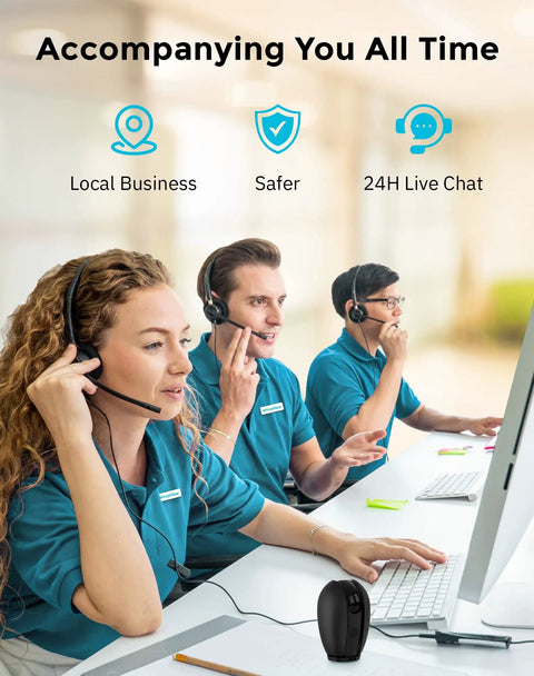 Customer service team at computer, related to Pan Tilt Security Camera For Baby Monitor With Phone App No Brainer 2 Pack Includes 2 Free 32GB SD Cards 1080P WiFi Indoor Pet Camera 360 Degree Home Surveillance With Motion And Sound Alerts Two Way Audio.
