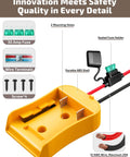 2-Pack 20V Battery Adapter For Power Wheels Upgrade Kit showing ABS shell, wire terminals, 30 amp fuse, and 12AWG wire details
