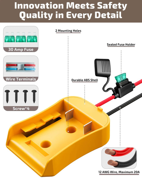 2-Pack 20V Battery Adapter For Power Wheels Upgrade Kit showing ABS shell, wire terminals, 30 amp fuse, and 12AWG wire details