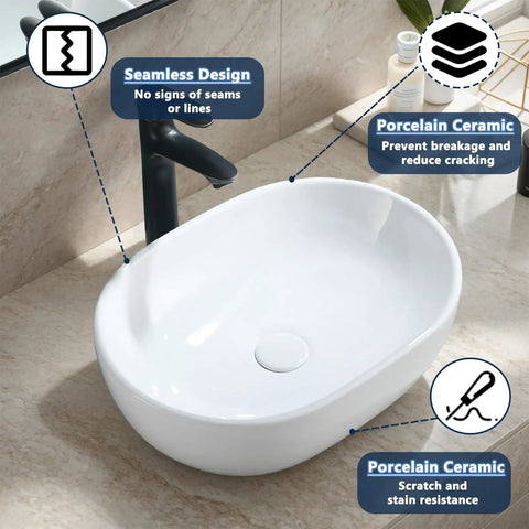 Oval Vessel Sink 19x14 Inches Ceramic Above Counter White Porcelain Modern Art Basin For Lavatory Vanity Cabinet Sleek Dope Look Durable White Glaze Easy Clean Contemporary Bathroom Fixture