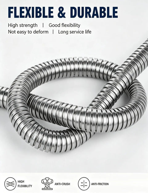 Heavy Duty 304 Stainless Steel Flexible Conduit With Tough Corrugated Sheathing, showcasing flexibility and durability for cable protection.