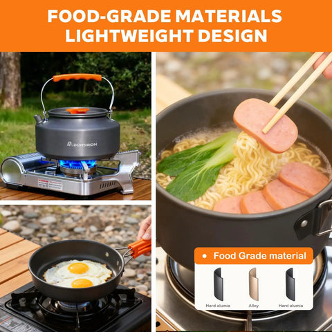 10 Piece Camping Cookware Set With 2L Pot, 0.8L Fry Pan And 1.1L Kettle used for outdoor cooking on portable stoves