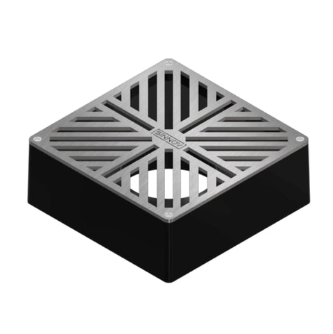 Made In USA 6 By 6 Stainless Steel Drain Grate For Outdoor Paver Installations Pro Grade Heavy Duty Durable Landscape Drainage With Three Inch Or Four Inch PVC Flexible Pipe, showing top view.