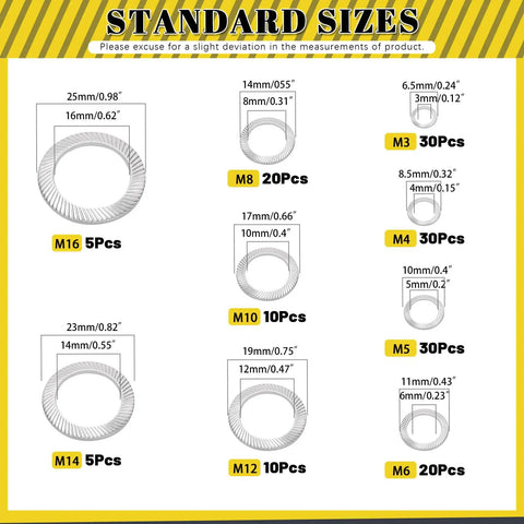 160Pcs 304 Stainless Steel Wedge Locking Washer Kit Conical Knurled Double Side Spring Washers size chart for M3 M4 M5 M6 M8 M10 M12 M14 M16.